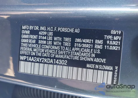 2019 Porsche Cayenne из США, поврежденный, VIN WP1AA2AY2KDA14302